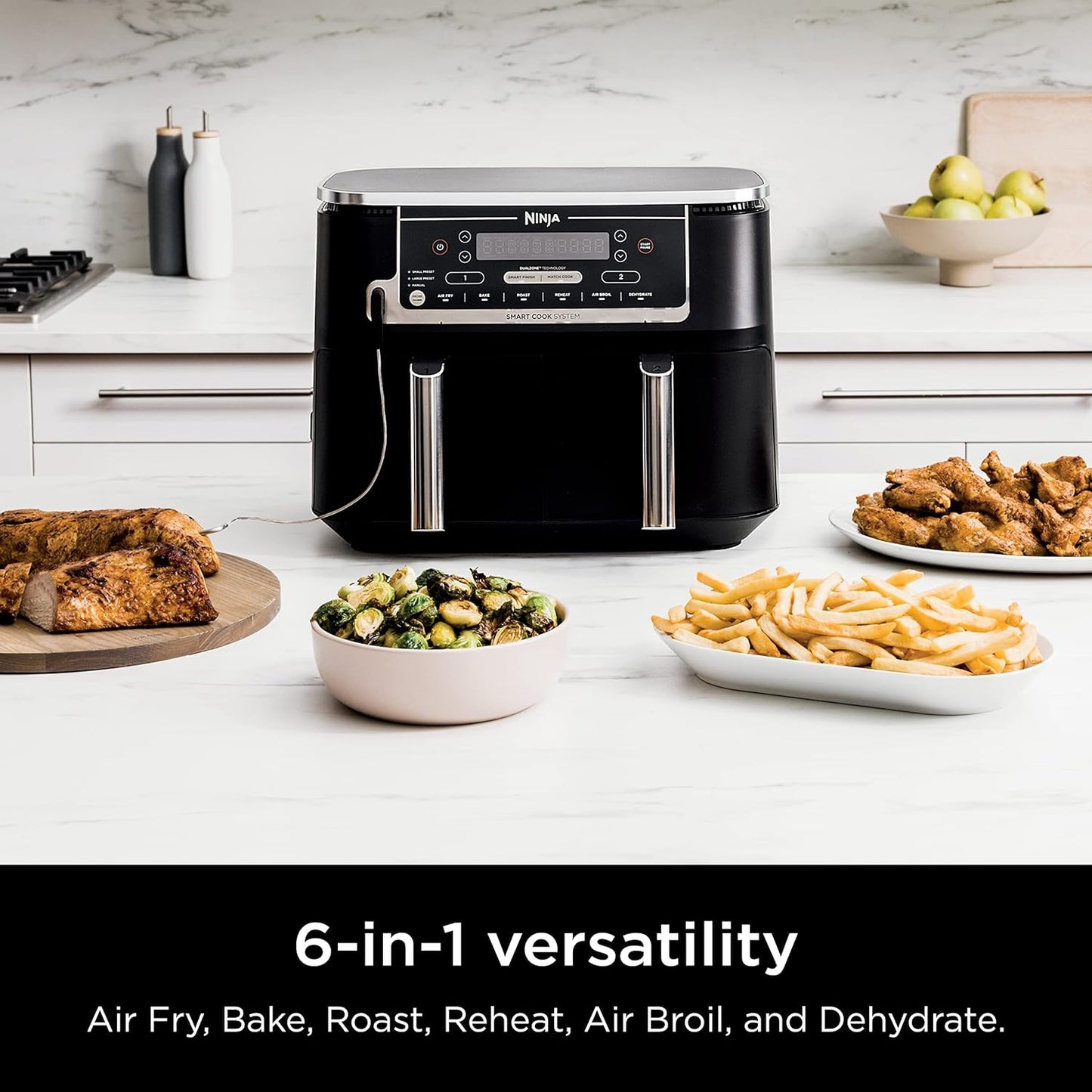 Ninja DZ550 Foodi 10 QT XL Air Fryer - 6-in-1 DualZone with Smart Cook Thermometer & 2 Baskets, Grey