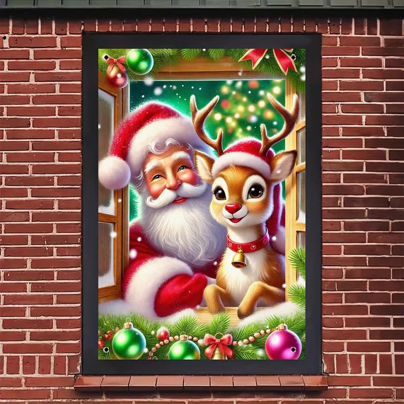 Christmas Window Cover 31x47 Inch Polyester Backdrop Banner with Santa & Rudolph