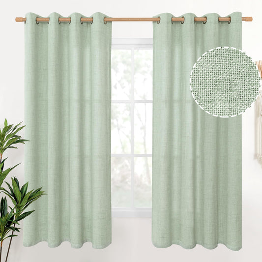 YoungsTex Sage Linen Curtains 63 Inches Length Light Filtering Textured Window Panels for Short Living Room Bedroom Office Decorative Lightweight Drapes with Bronze Grommet, 2 Panels, 52 X 63 Inch