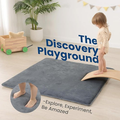 Huloo Play Mat - Non-Toxic 50"×50" Soft Coral Velvet for Infants | 1.3" Thick, Water-Repellent, Safe for Crawling (Dark Grey)