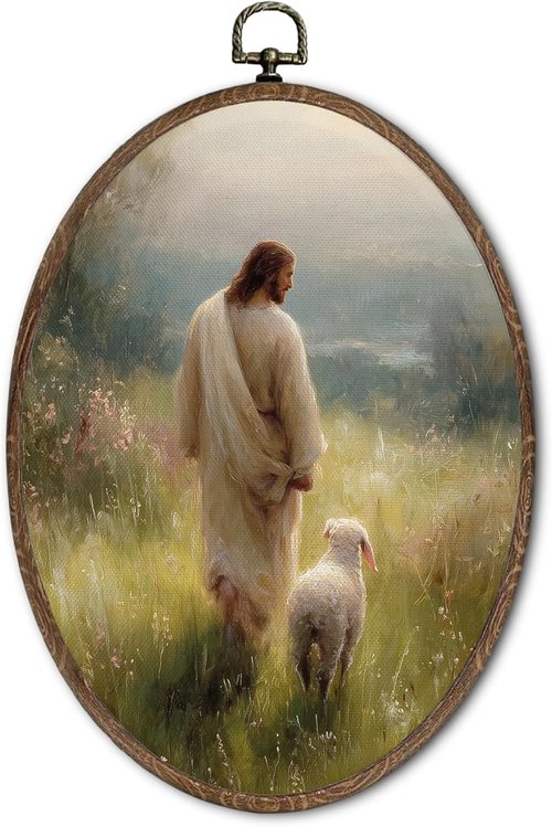 FLAWAFLOMA Christian Jesus and Lamb Wall Art - Rustic Canvas Decor for Home & Church | 8.6x11.4 Inch