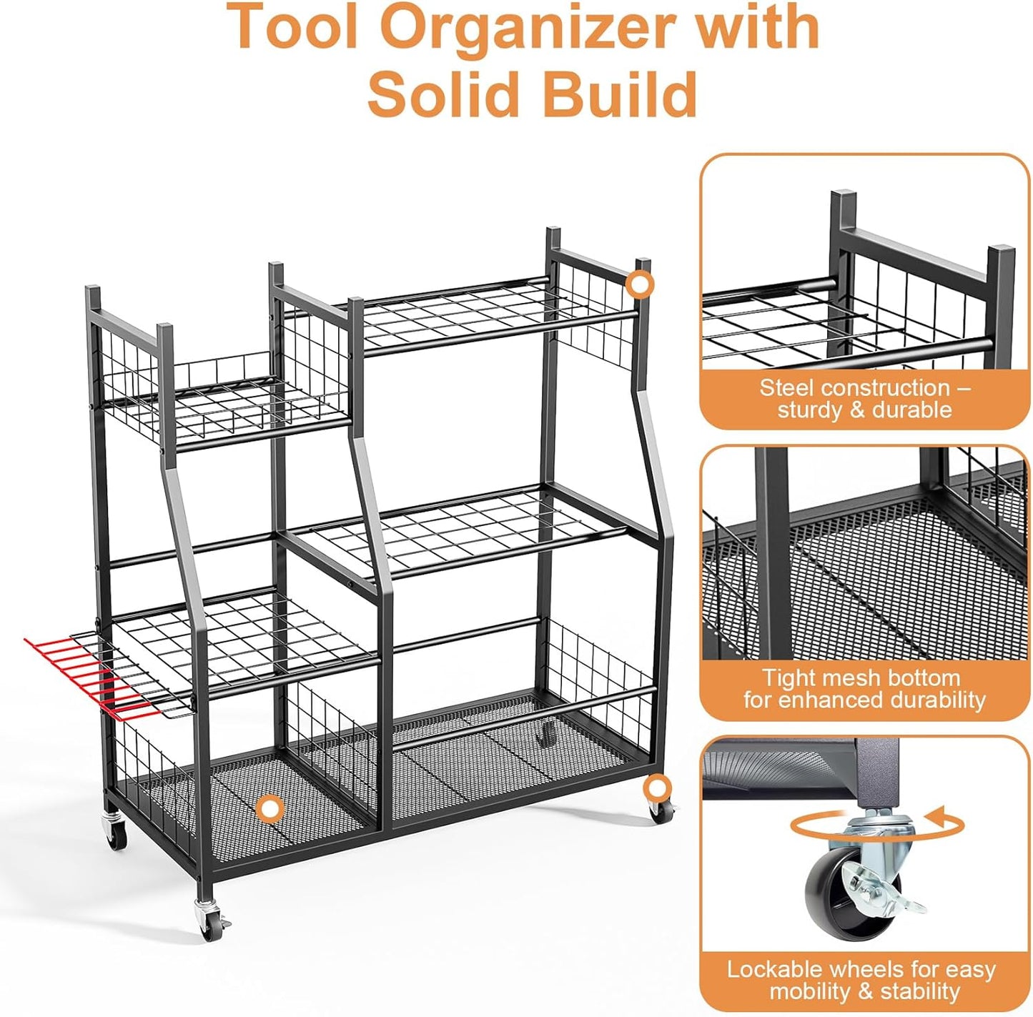 Skiennix Garden Tool Organizer - Freestanding Rolling Cart for Long-Handled Tools | Durable Yard Storage Rack