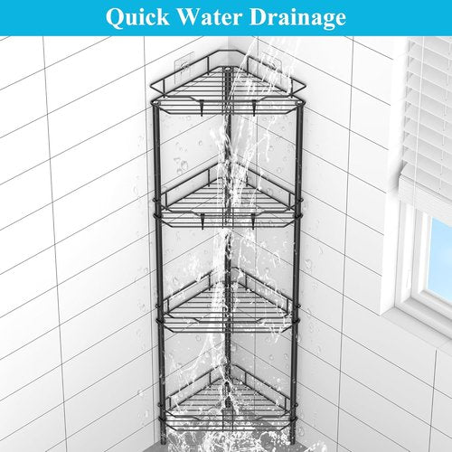 HuggieGems Corner Shower Caddy Organizer - 4 Tier Floor Standing Shelf with Hooks | Black Finish
