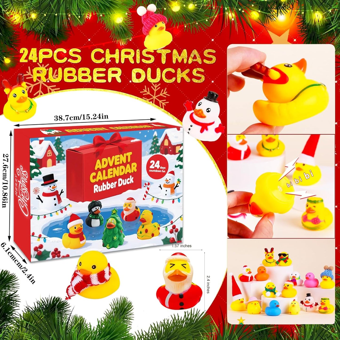 Skiennix 24 Pcs Christmas Rubber Ducks - Fidget Toys for Advent Countdown & Stocking Stuffers