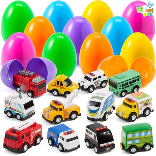 JOYIN 12 Pcs Prefilled Easter Eggs with Toys, Plastic Eggs with Alloy Pull Back Cars, Easter Basket Stuffers, Party Favors for Kids, Classroom Prize Supplies