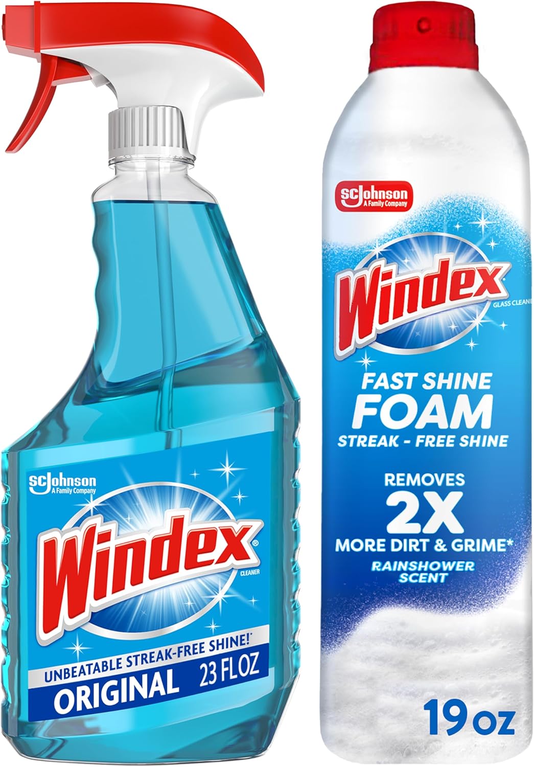Windex Glass Cleaner Bundle - Original Blue 23oz Trigger Spray + 19oz Fast Shine Foam for Streak-Free Shine