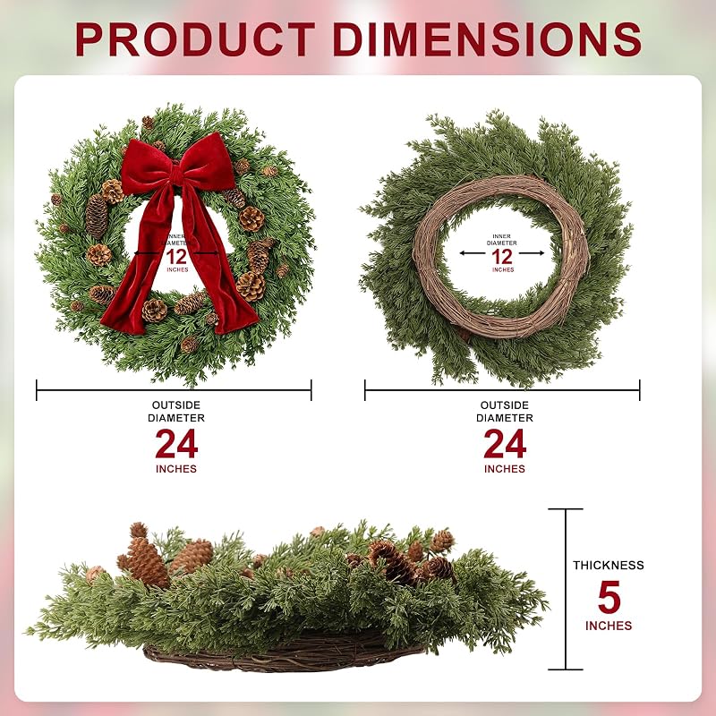 Christmas Wreath 24 Inch Front Door Artificial Pine Needle with Red Bow Pinecones