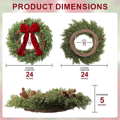 Christmas Wreath 24 Inch Front Door Artificial Pine Needle with Red Bow Pinecones
