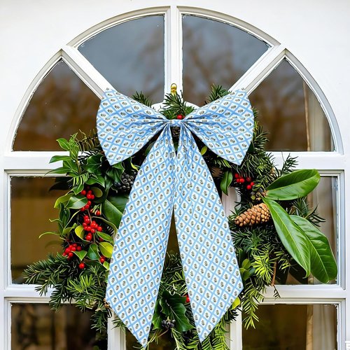 HunnmingRe Christmas Wreath Sash - 24 x 16 Inch Blue & Green Block Print Bow for Indoor/Outdoor Decor