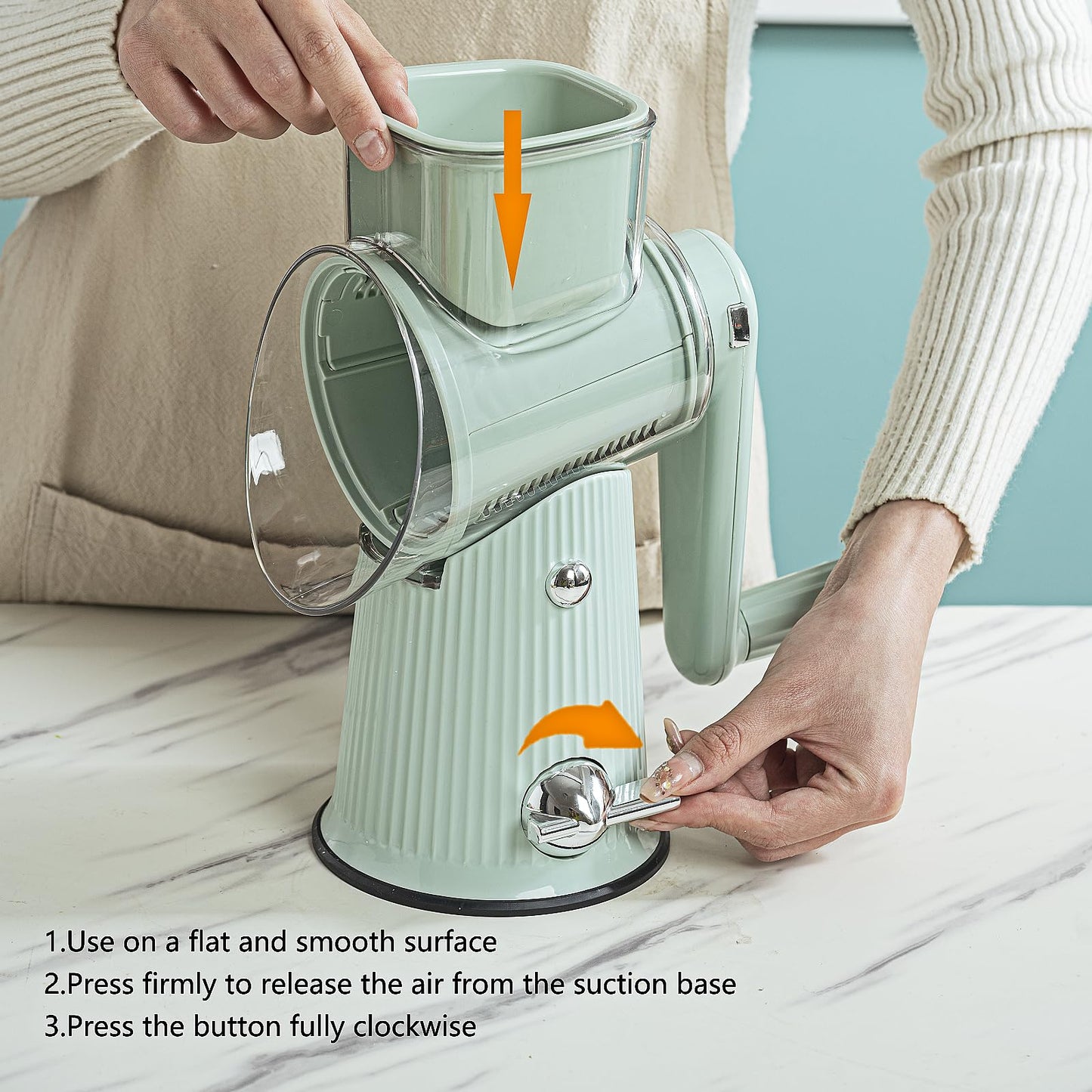 PDAENLKY Rotary Cheese Grater with Handle 5 in 1 Cheese Grater Hand Crank Cheese Shredder with Strong Suction Base Kitchen Vegetable Slicer with 5 Interchangeable Blades, Storage Box, Green