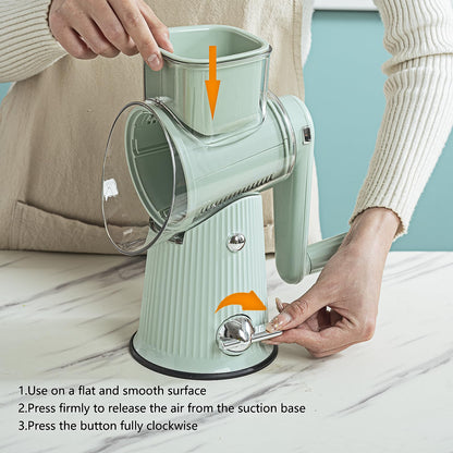 PDAENLKY Rotary Cheese Grater with Handle 5 in 1 Cheese Grater Hand Crank Cheese Shredder with Strong Suction Base Kitchen Vegetable Slicer with 5 Interchangeable Blades, Storage Box, Green