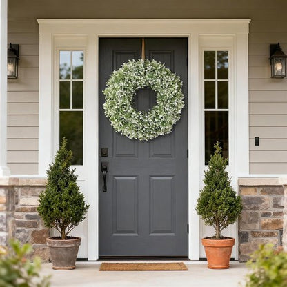 Aglaia Odorata 26" Artificial Boxwood Wreath - Large Faux Eucalyptus Leaves for Year-Round Outdoor Decor | White-Green