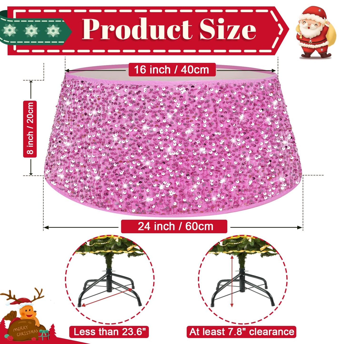 ROMANKAS Christmas Tree Collar Pink Sequin Christmas Tree Base Cover 23.6 Inch Glitter Tree Skirt Metallic Christmas Tree Collars Bling Xmas Tree Collar for Home Party Xmas Tree Decoration