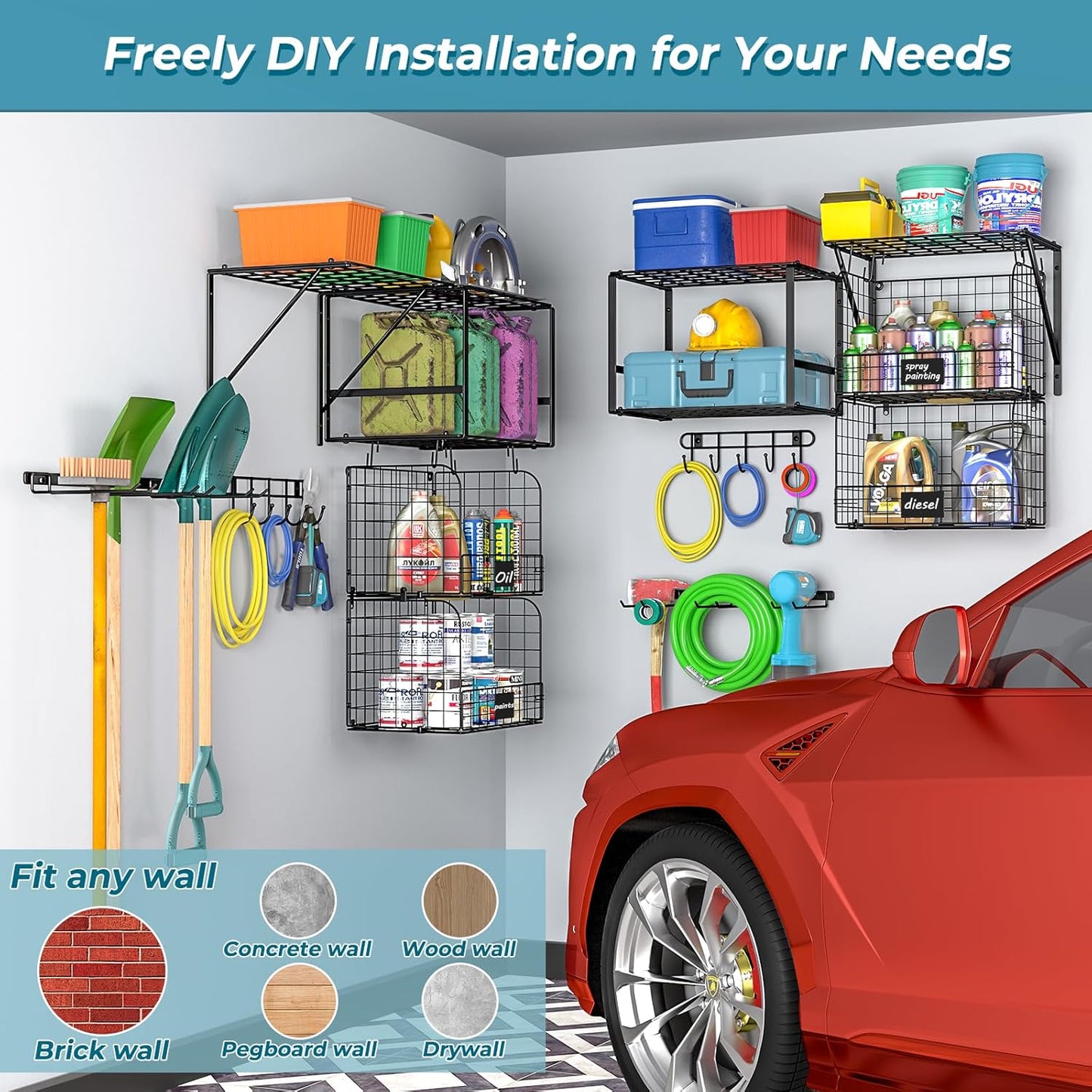 ThreeHio Garage Shelf - Heavy Duty Wall Mounted Storage with Wire Baskets & Tool Rack | Organizer for Home & Garden