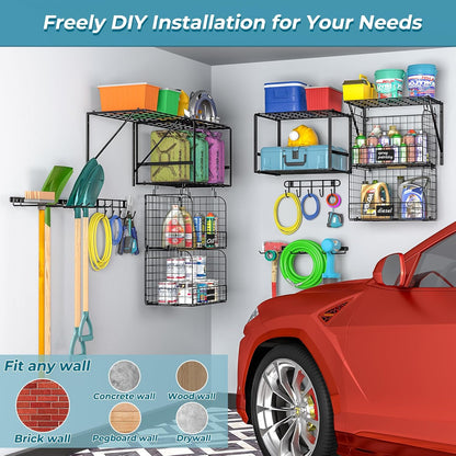 ThreeHio Garage Shelf - Heavy Duty Wall Mounted Storage with Wire Baskets & Tool Rack | Organizer for Home & Garden