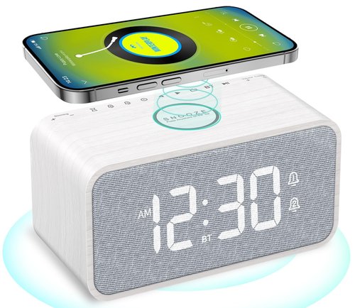 ANJANK Wooden Alarm Clock Radio with Bluetooth Speaker, Wireless Charging Station for iPhone/Samsung, Dual Alarms, Auto-sync Time, 0-100% Dimmer, Digital Clock for Bedrooms Bedside Desk