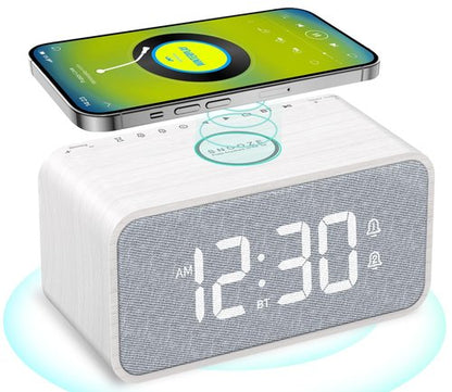 ANJANK Wooden Alarm Clock Radio with Bluetooth Speaker, Wireless Charging Station for iPhone/Samsung, Dual Alarms, Auto-sync Time, 0-100% Dimmer, Digital Clock for Bedrooms Bedside Desk