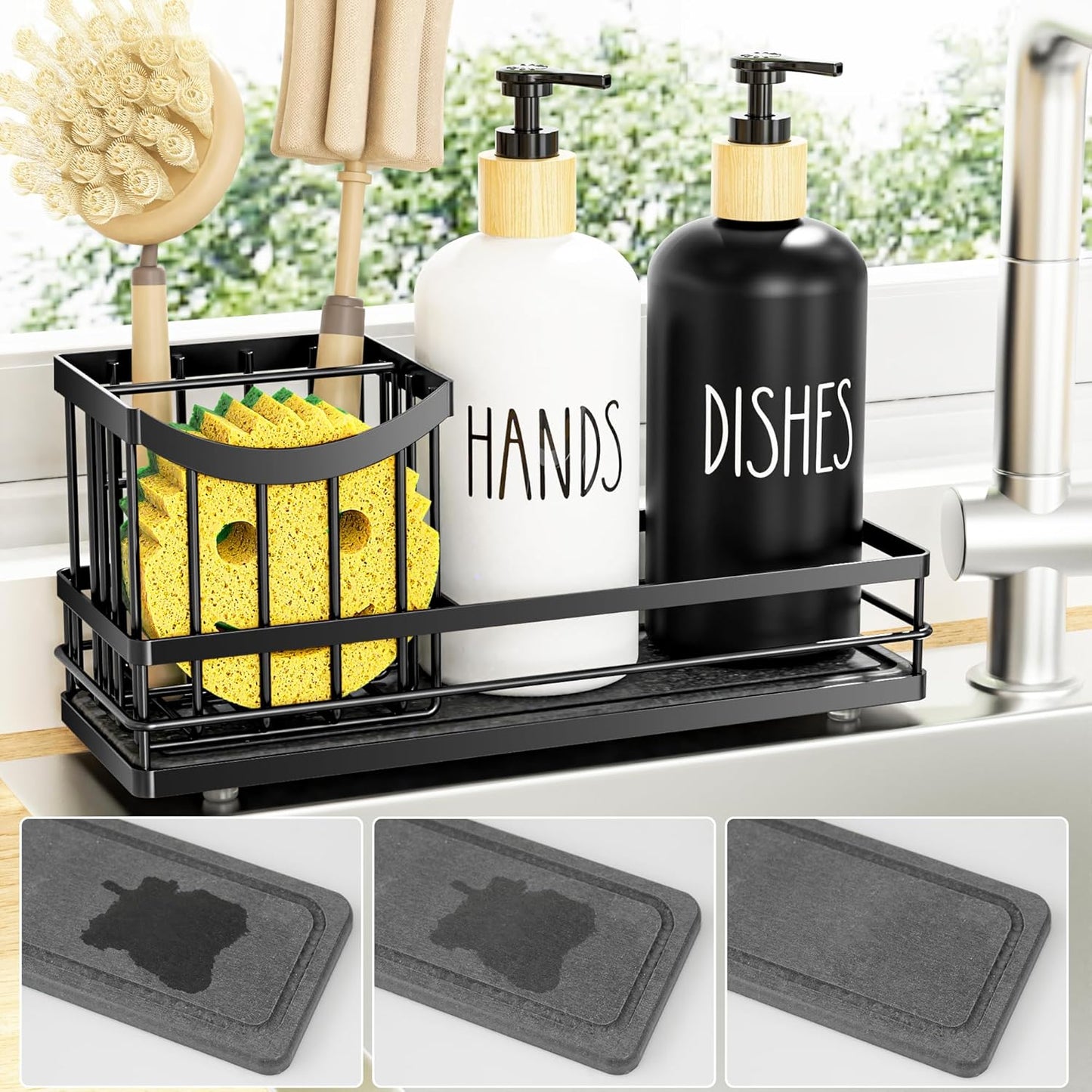 Moforoco Kitchen Dish Soap Dispenser Set - 16oz Glass Bottle with Non-Slip Silicone Pad & Brush Holder