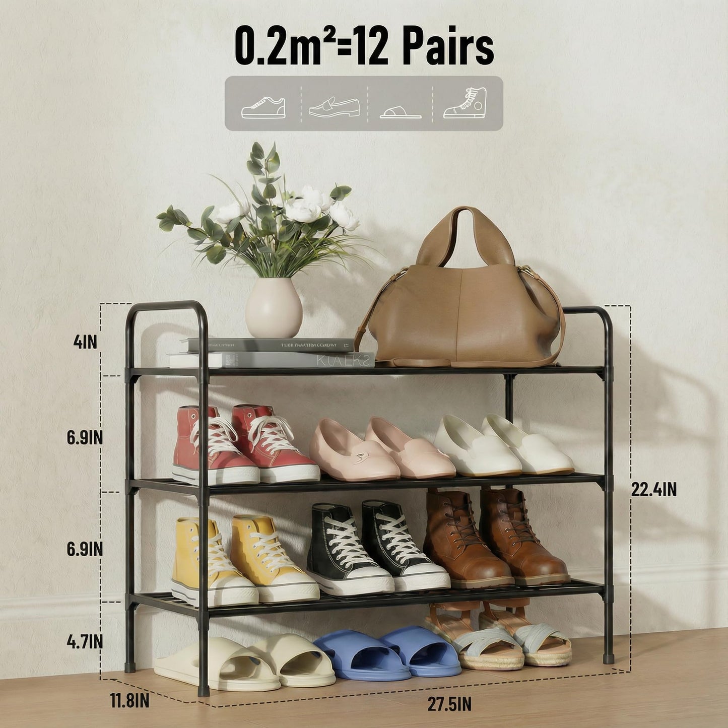 Tujurich 3-Tler Shoe Rack Organlzer, Rustproof lron, Spaclous Shoe Storage Shelf for Closet or Entryway, Fits Sneakers & Slippers, Black