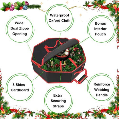 Christmas Wreath Storage Box - 30 Inch Hard Shell with Interior Pockets & Dual Zippers | Black