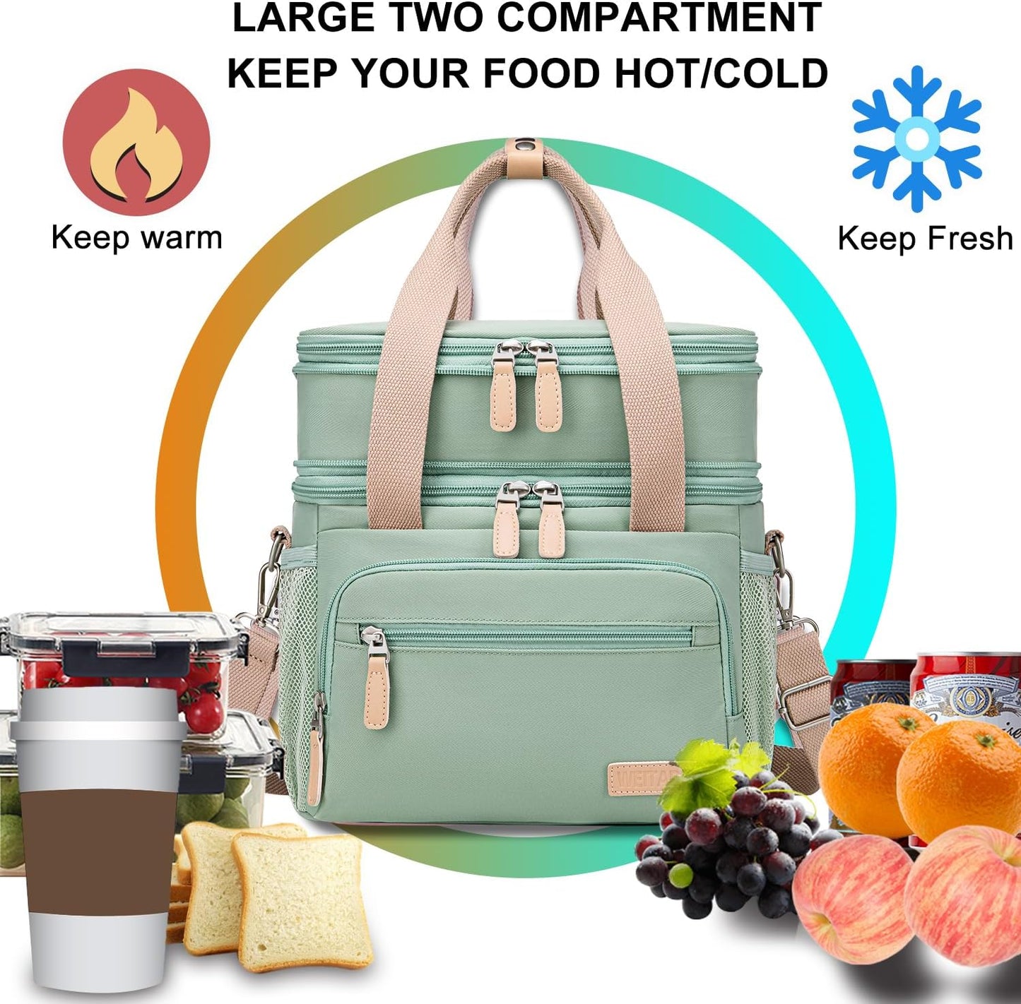 Weitars Insulated Lunch Box | Waterproof Dual Compartment Tote Cooler Bag (15L) - Green
