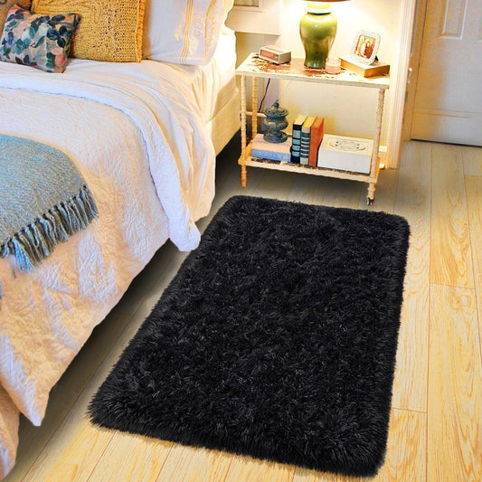 Pionblank Fluffy Small Rug for Bedroom 2x3 Feet, Shag Soft Area Rug, Modern Plush Carpet, Furry Cute Bedside Rug for Kids Girls Boys Room Nursery Decor, Black