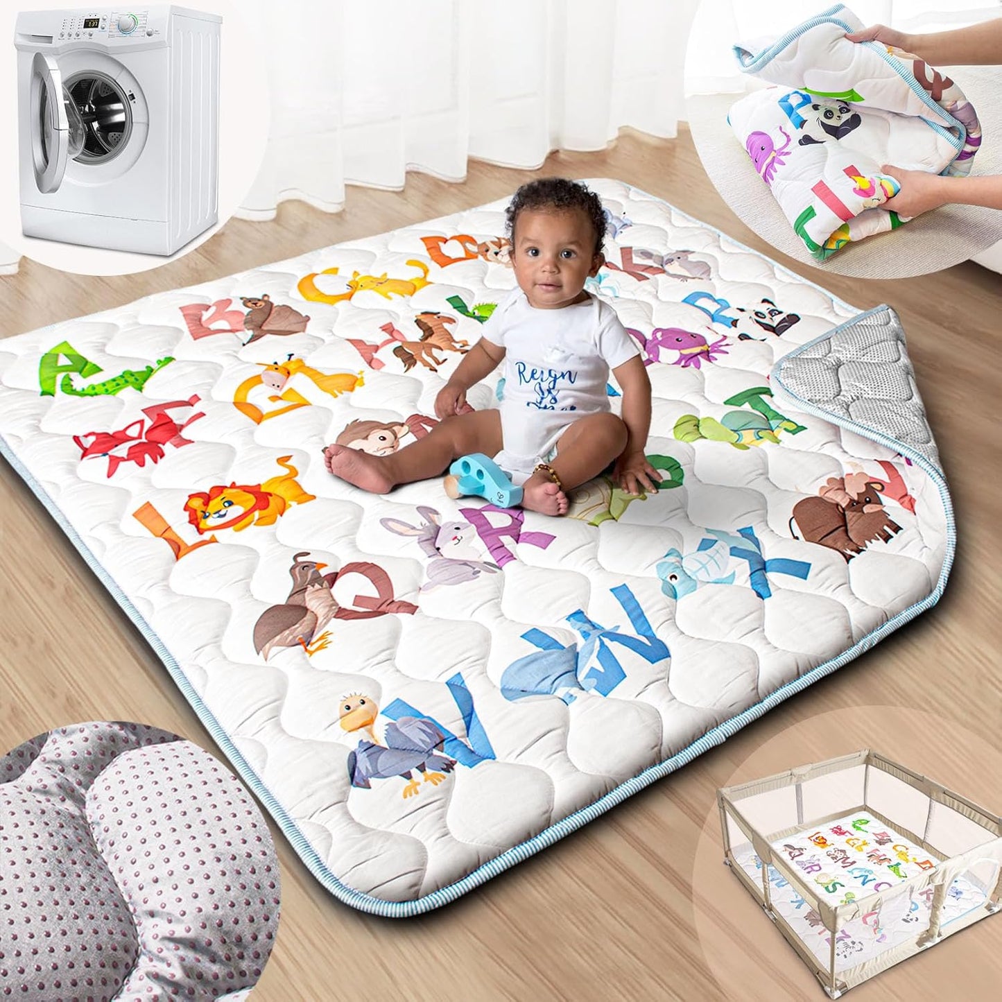 Skiennix Baby Play Mat - 50x50 Super Soft Activity Mat with Anti-Slip Bottom | Machine Washable, Animal Alphabets