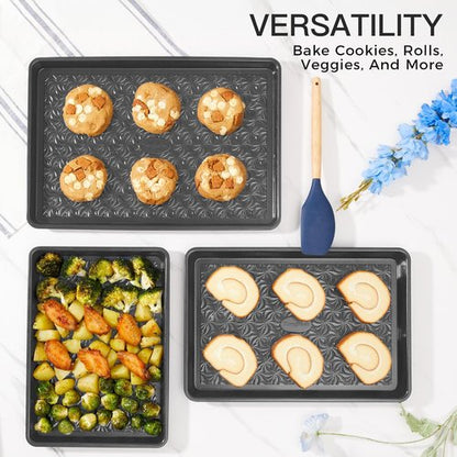 HONGBAKE Nonstick Baking Sheet Pan Set - Heavy Duty 0.8mm Thick Cookie Sheets | Dark Gray, Floral Swirl Design