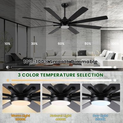 CJOY 84-Inch Low Profile Ceiling Fan - Black Flush Mount with Remote & 8-Blade Reversible DC Motor