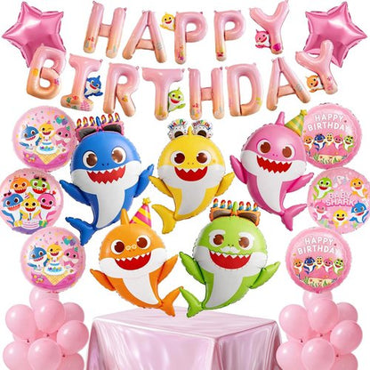 Baby Shark | PartyWoo 37-Piece Foil Balloon Set - Pink Round & Star Mylar Birthday Decorations
