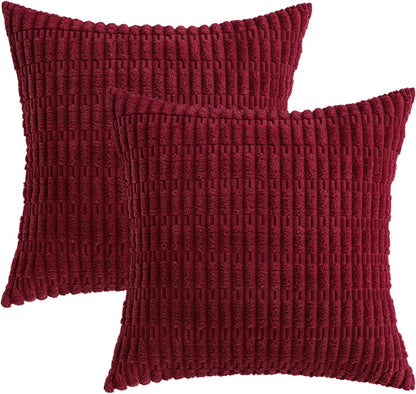 MIULEE Burgundy Corduroy Decorative Pillow Covers - Soft Boho Striped 18x18 Inch | Modern Farmhouse Home Decor
