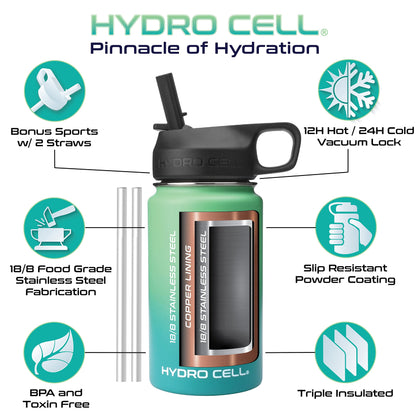 HYDRO CELL Stainless Steel Insulated Water Bottle with Straw - For Cold & Hot Drinks - Metal Vacuum Flask with Screw Cap and Modern Leakproof Sport Thermos for Kids & Adults (Mint/Green 14oz)