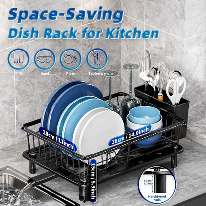 Skiennix Stainless Steel Dish Drying Rack - Removable Utensil Holder & New Drain Outlet | Black 11" W x 15" L