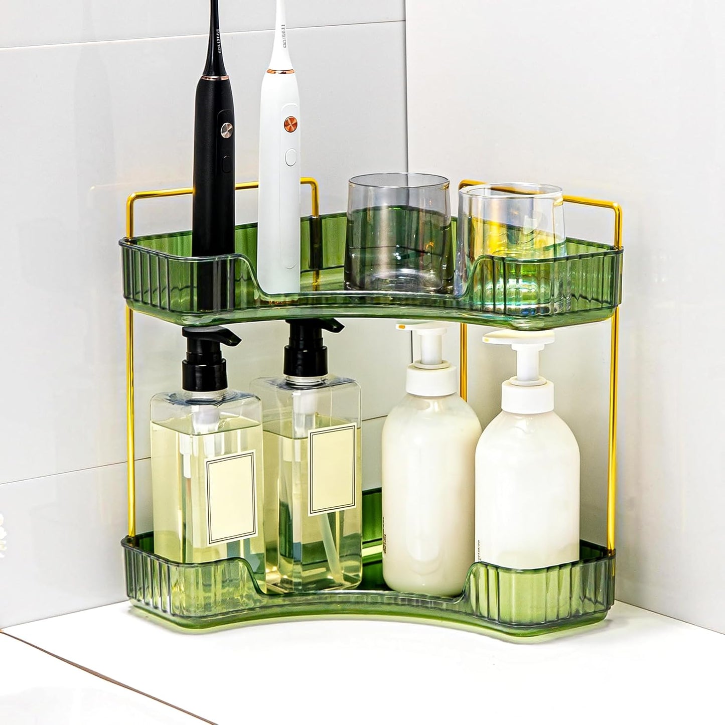 Skiennix Corner Bathroom Counter Organizer - 2-Tier Makeup Shelf & Perfume Tray in Green