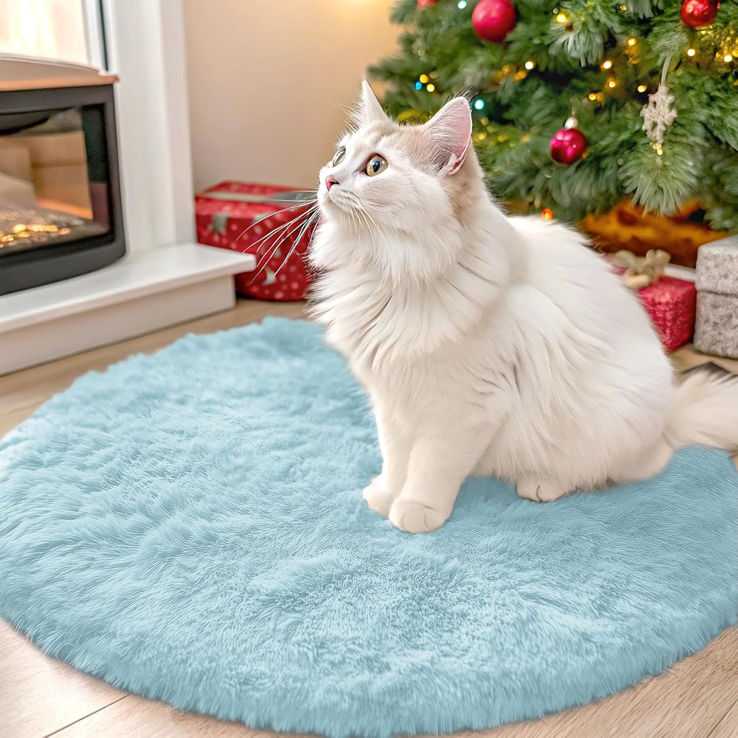 OLANLY Light Blue Round Area Rug - Soft, Fluffy, Machine Washable 2 ft Circle Carpet for Bedroom & Nursery Decor