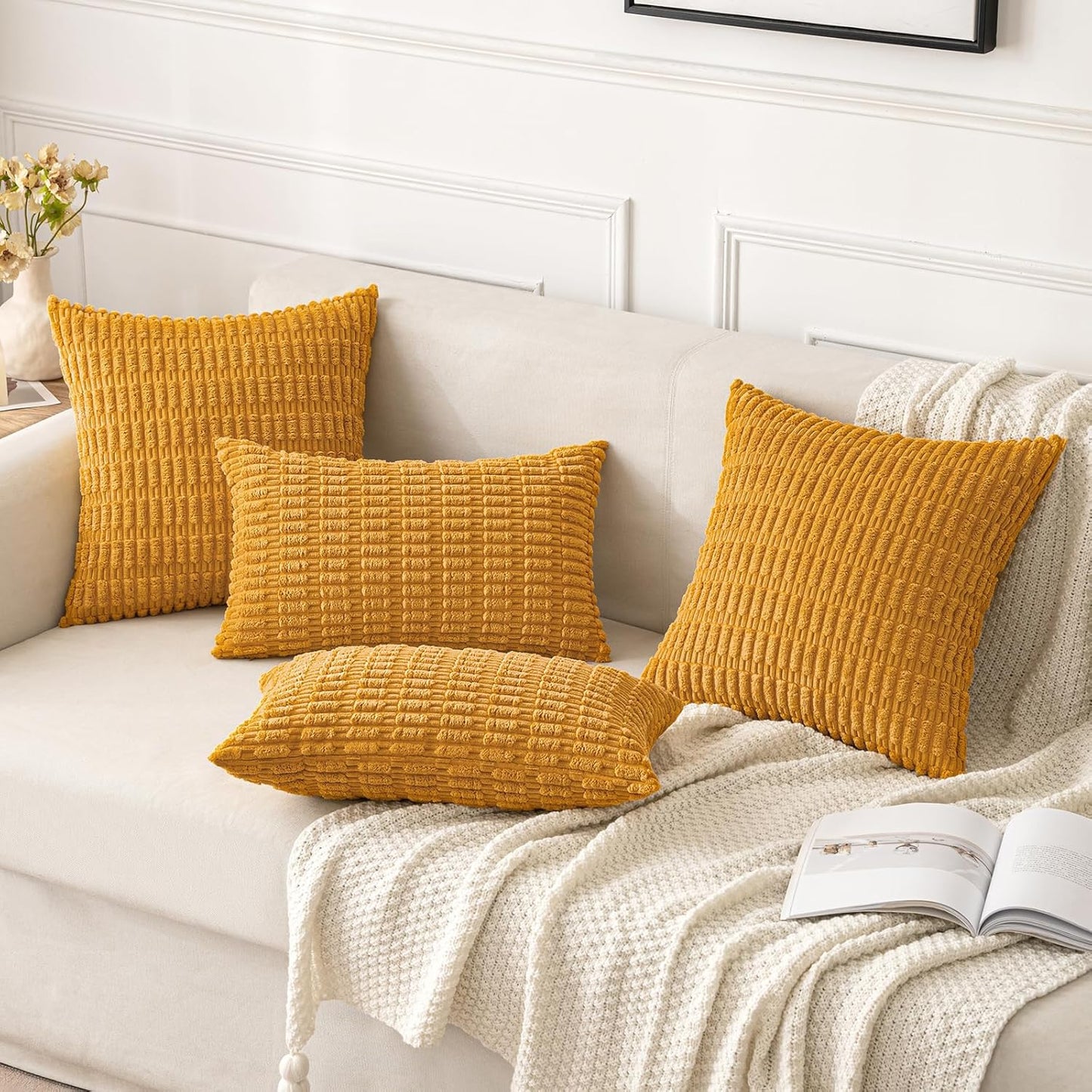 MIULEE Corduroy Decorative Throw Pillow Covers - Soft Boho Striped 18x18 Inch for Modern Farmhouse Decor | Gold Yellow