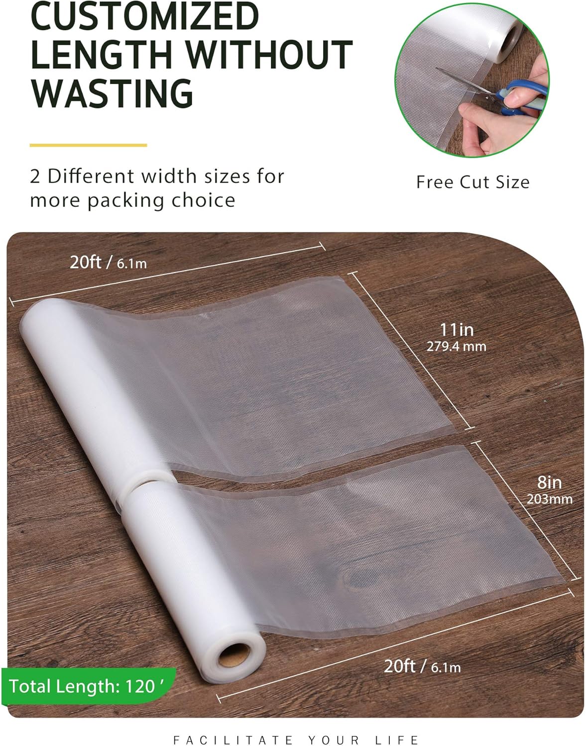 Syntus Vacuum Sealer Bags - 6 Pack Commercial Grade BPA-Free Rolls | 11" x 20' & 8" x 20' for Food Storage