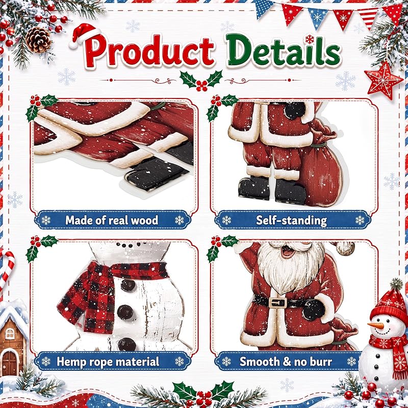 3 Pcs Christmas Wooden Decorations Set – Snowman, Santa & Reindeer Signs (Variation: 3+Snowman Santa Reindeer)