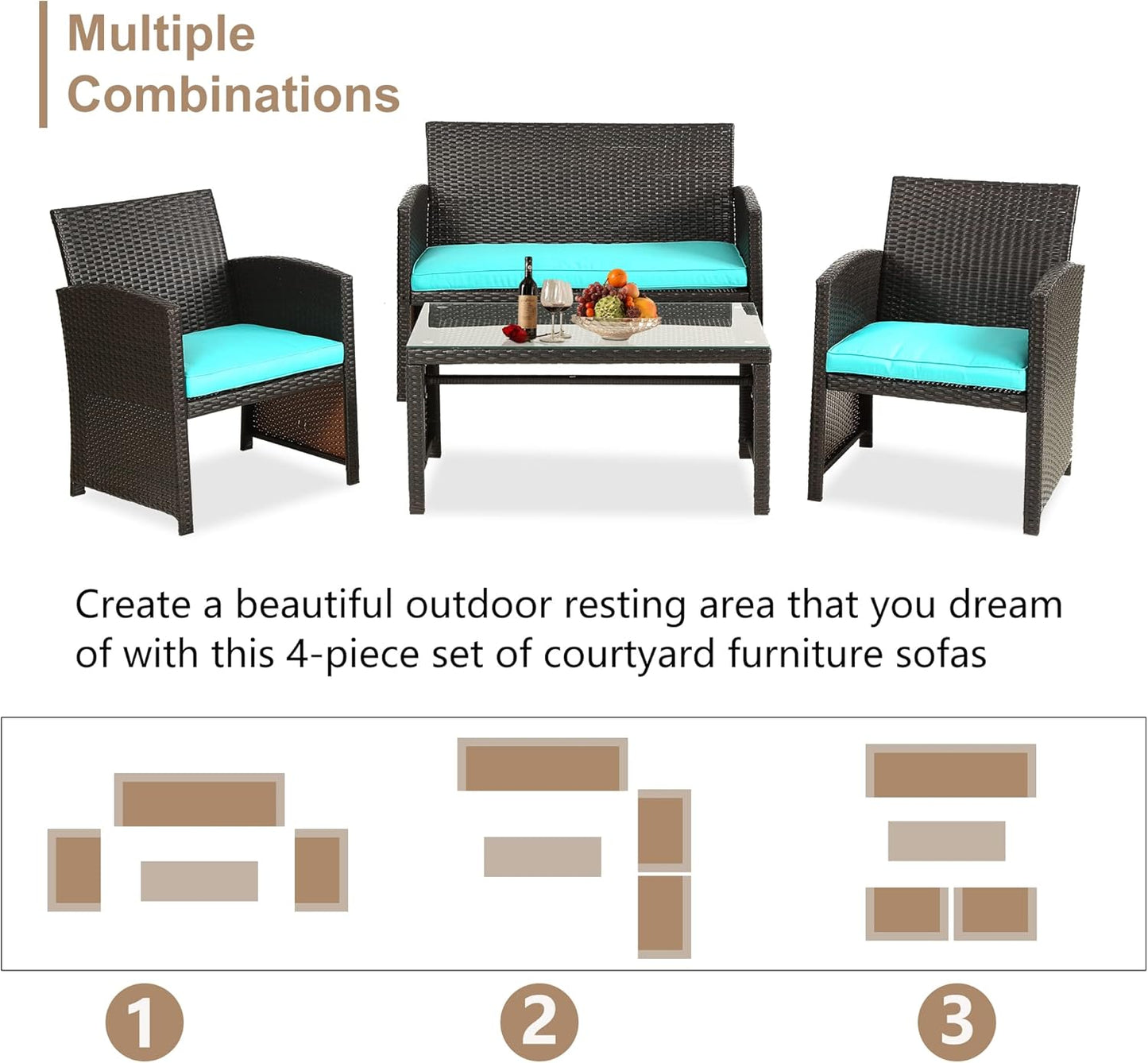 Skiennix Outdoor Furniture Set - 4-Piece Wicker Rattan Patio Conversation Set for Garden | Brown & Blue