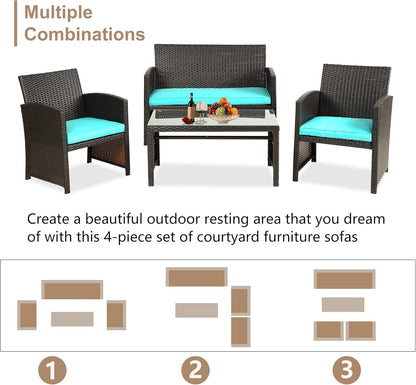 Skiennix Outdoor Furniture Set - 4-Piece Wicker Rattan Patio Conversation Set for Garden | Brown & Blue