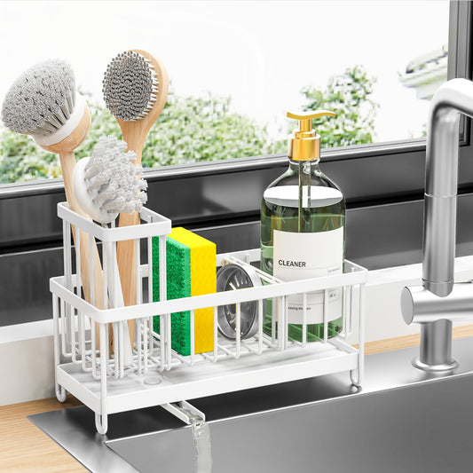 Cisily Sponge Holder for Kitchen Sink, Sink Caddy with High Brush Holder, Organzier Rustproof 304 Stainless Steel Dish Organizer Divider, Soap Dispenser Storage(White)