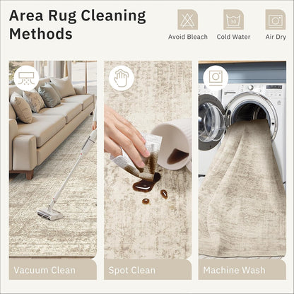 Soalmost Area Rugs - Non-Slip, Machine Washable Vintage Design | Lightweight 9x12 Beige Rug for Living Room, Bedroom, Dining Room, Home Office