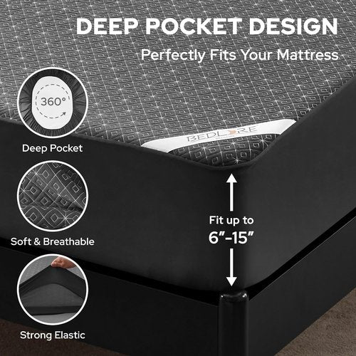 BEDLORE Waterproof Mattress Protector - Noiseless Cover with Stretchable Pockets for 6-15 Inch Mattresses | Soft Dark Gray Pad for College Dorms