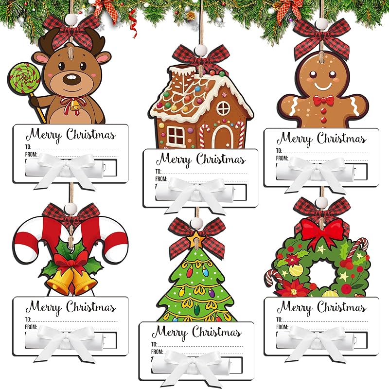 6 Pcs Wooden Christmas Money Holder Ornaments – Reindeer & Snowman Gift Wallets (Variation: 6+Bright Style)