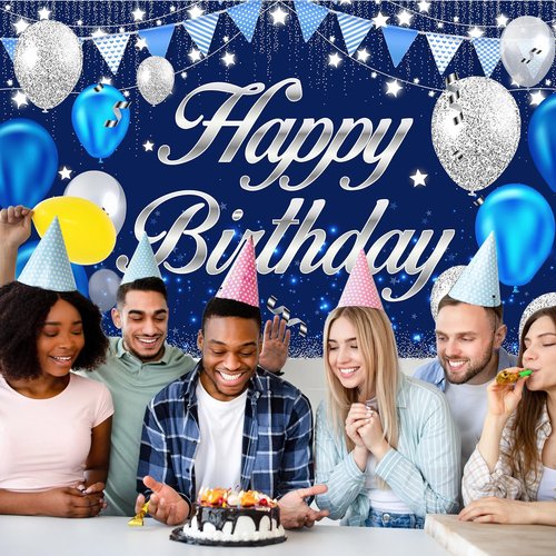 Happy Birthday Banner - Blue & Silver Party Decorations for Men, Women, Boys & Girls