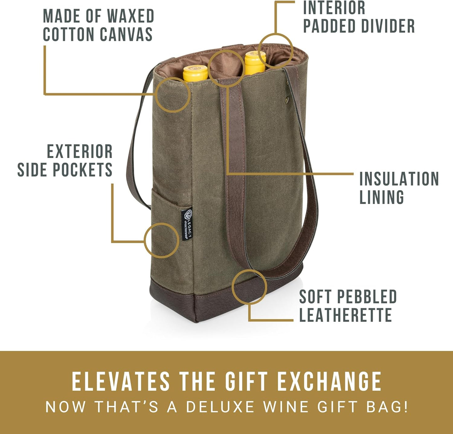 PICNIC TIME 2 and 3 Bottle Insulated Wine Bag, Distressed Waxed Canvas Wine Tote, Durable Bottle Carrier Bag for Gifts and Travel with Side Pockets & Removable Divider (Khaki Green with Brown Accents)