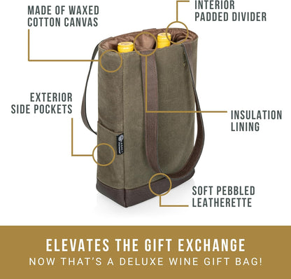 PICNIC TIME 2 and 3 Bottle Insulated Wine Bag, Distressed Waxed Canvas Wine Tote, Durable Bottle Carrier Bag for Gifts and Travel with Side Pockets & Removable Divider (Khaki Green with Brown Accents)