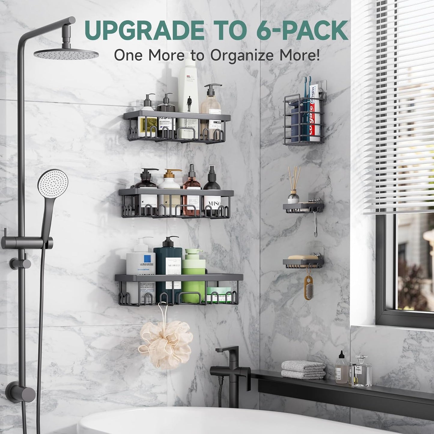 Veken Shower Caddy - Rustproof & Waterproof 6-Pack | No Drilling Adhesive Shelves, Large Capacity Storage, Dark Grey