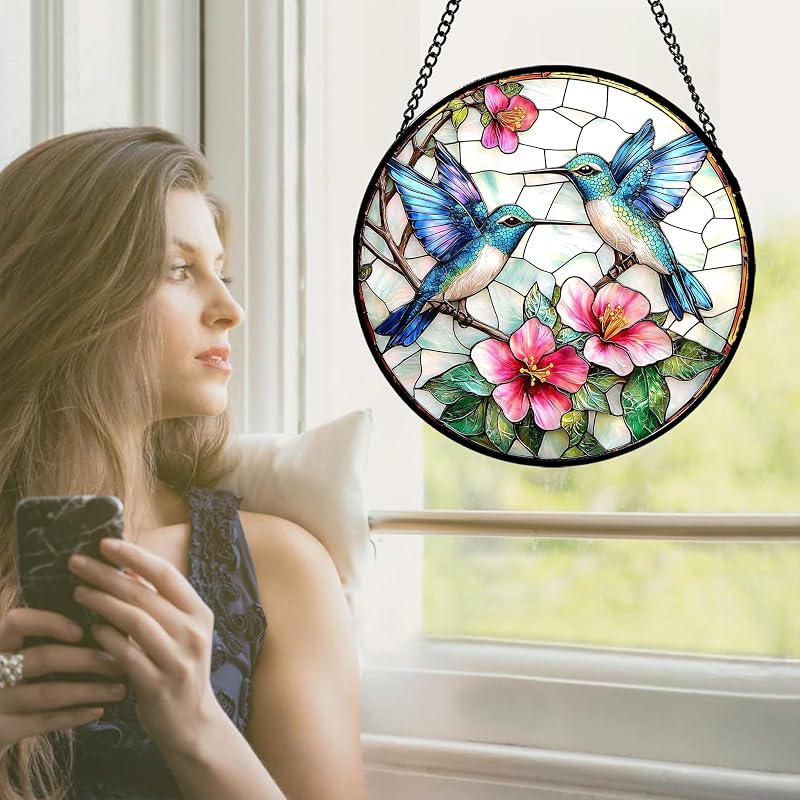 Blue White Hummingbird Stained Glass Suncatcher 15 in - Variation Blue Pink + 15x15 IN