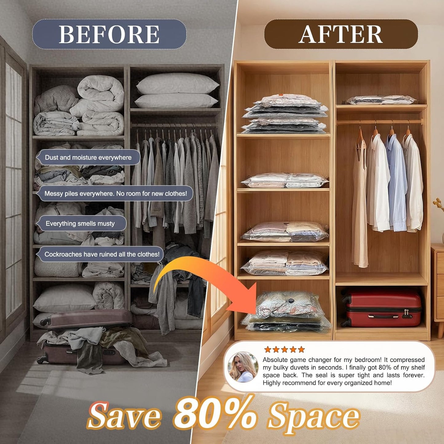 QcoQce Vacuum Storage Bags - Rechargeable Electric Pump for Space-Saving Travel & Seasonal Storage